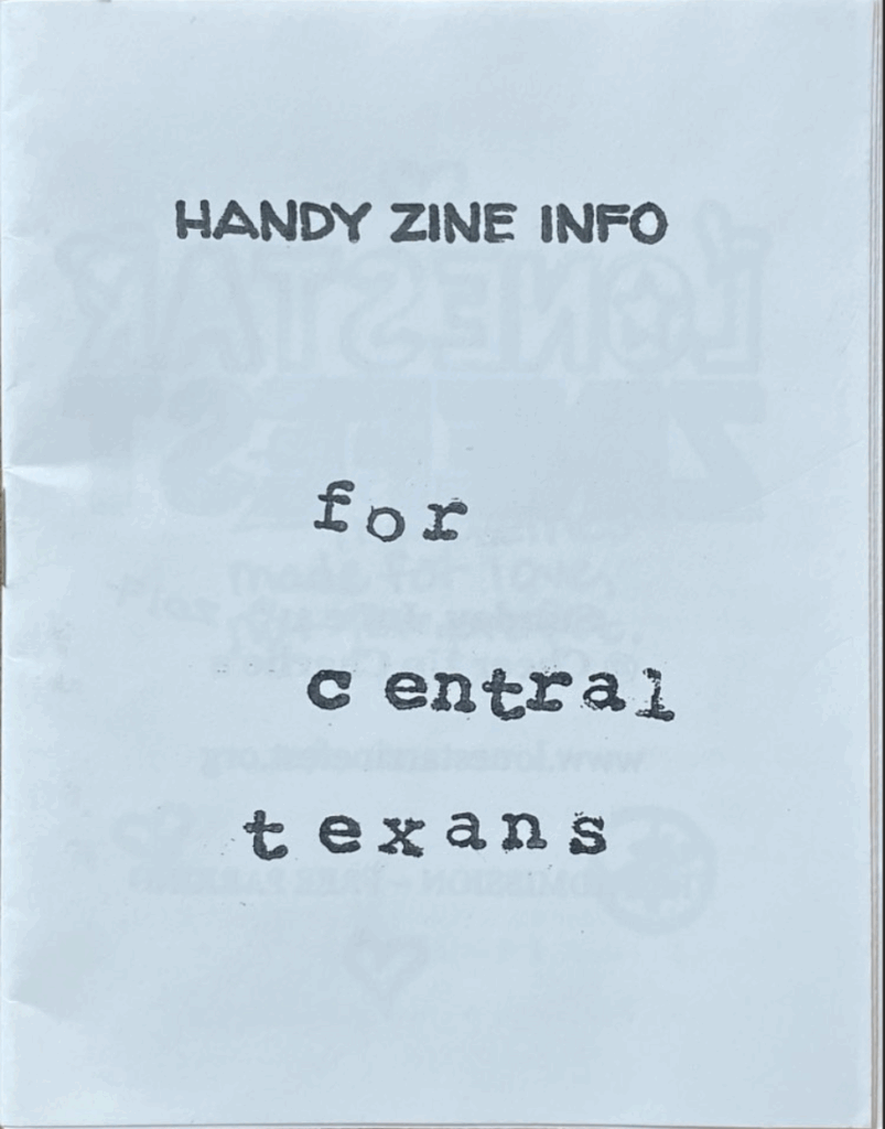 The cover of "Handy Zine Info for Central Texans, 1st Edition" (halfzine size).