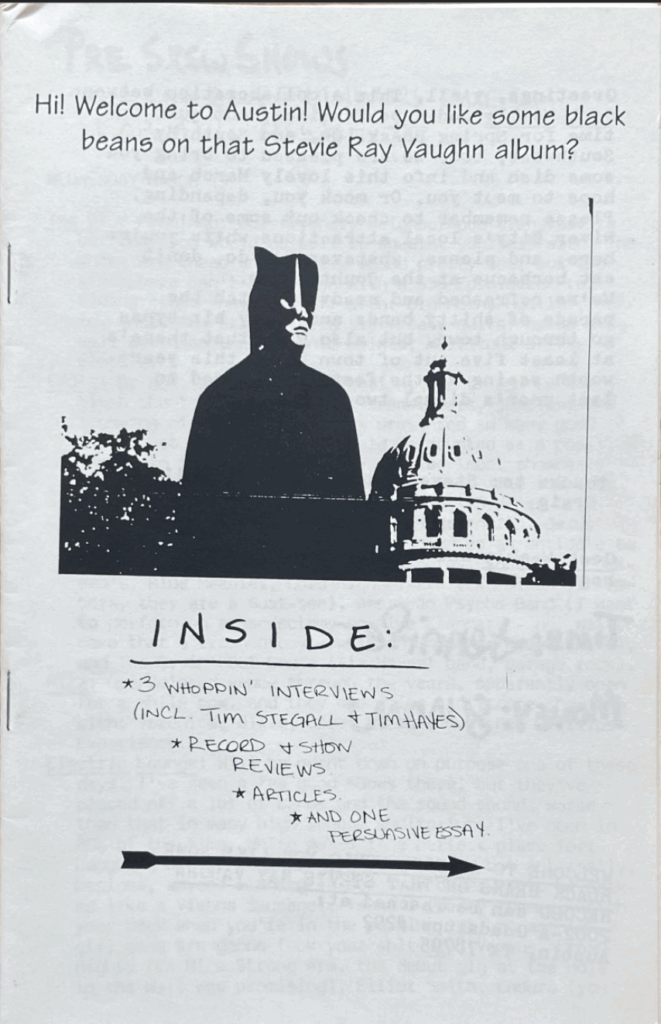 The cover of "Hi! Welcome to Austin! Would you like some black beans on that Stevie Ray Vaughn album?" (digest size).